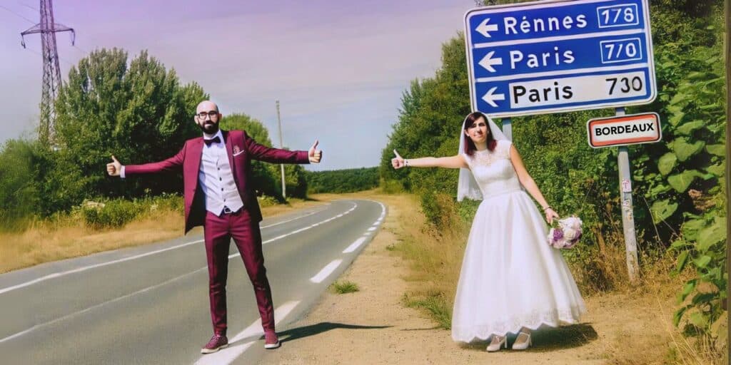 mariage en stop bordeaux plevenon insolite bord de l'autoroute france