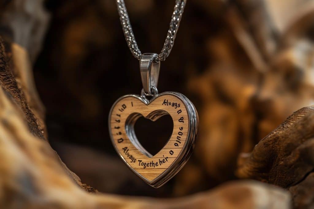 pendentif coeur en bois fait à la main gravure cadeau amour symbole 5 ans mariage noces de bois