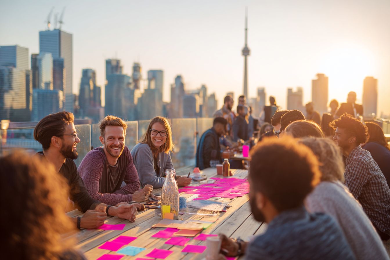 eam building sur rooftop : équipe diverse collabore au coucher du soleil