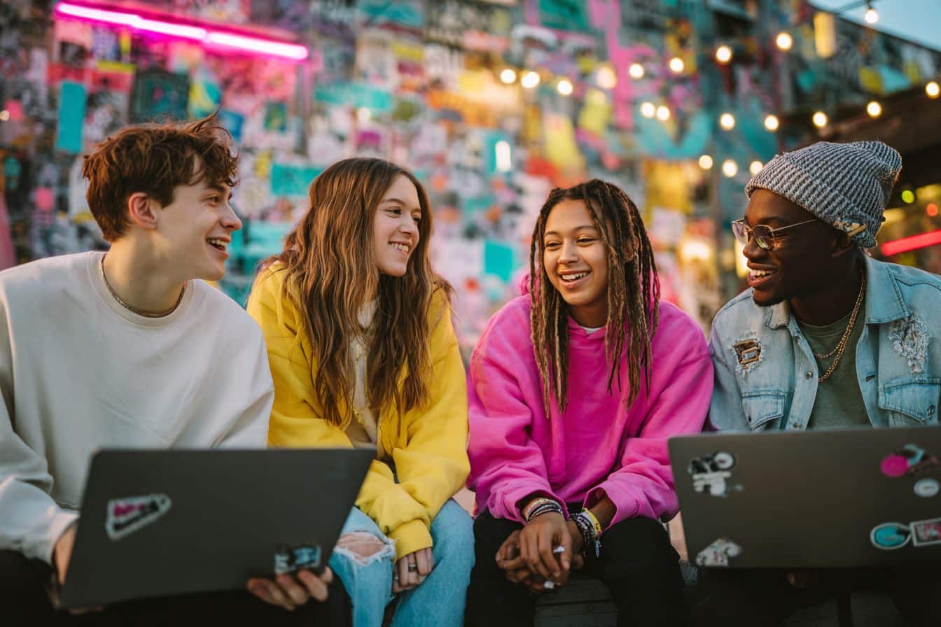 Jeunes collaborateurs Gen Z brainstorment en cour urbaine, ambiance créative