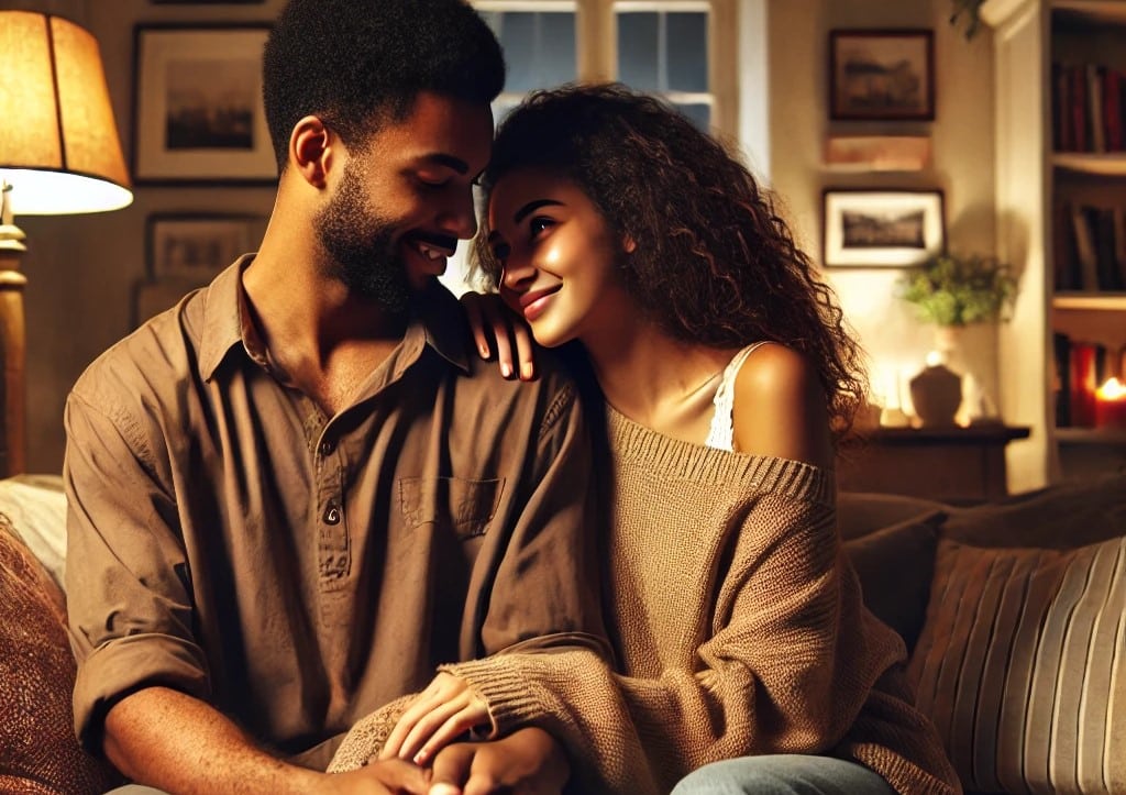 couple métisse se regardant plein d'amour l'un pour l'autre sur leur canapé enlacés ambiance intime soir maison