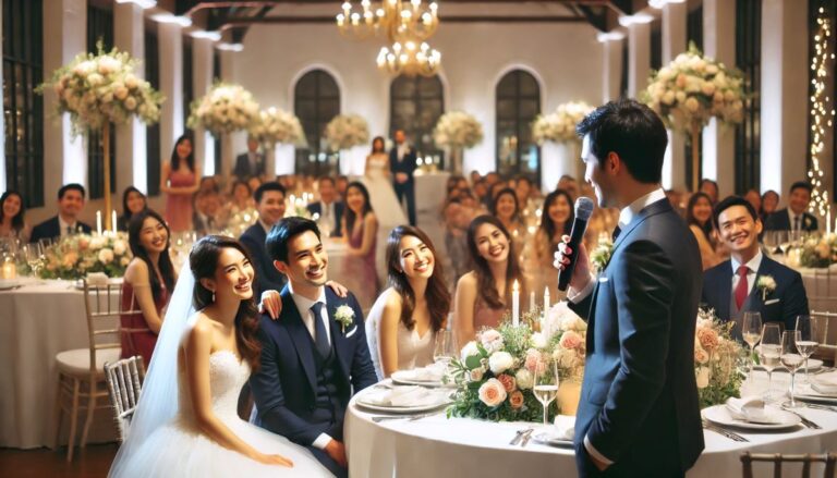 discours de mariage avec micro devant les invités tables des mariés cérémonie diner