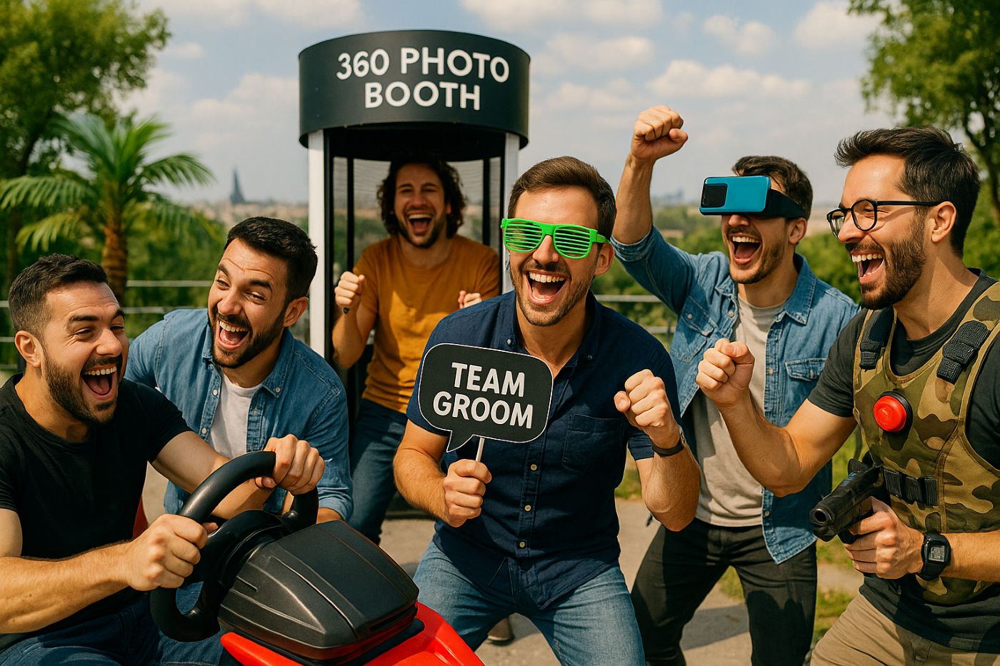 Groupe d’amis français de 30 ans profitant d’un EVG original en extérieur, entre simulateur de course, photobooth 360° et jeux en plein air dans une ambiance festive