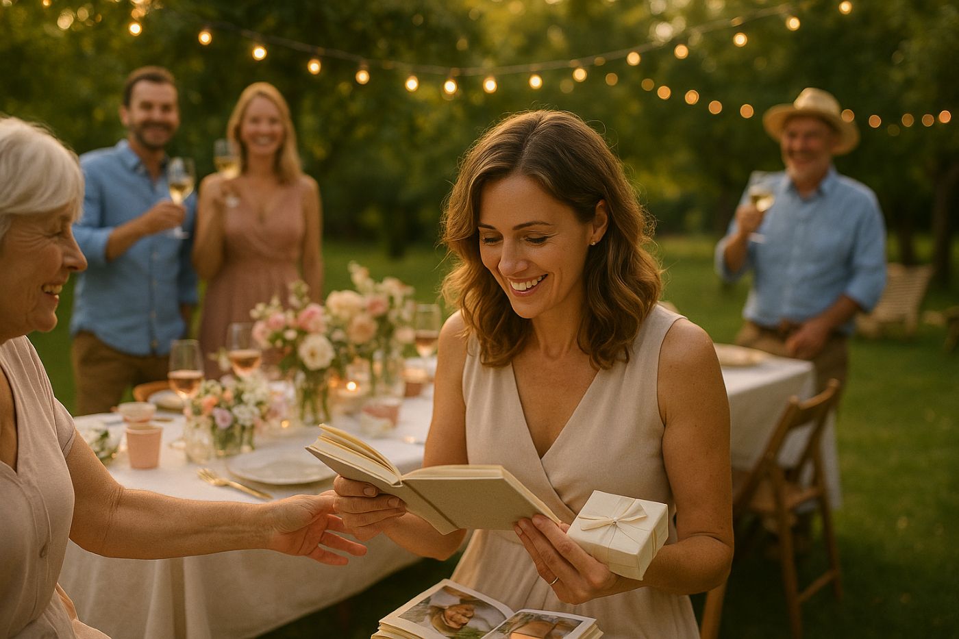 Femme de 40 ans souriante et émue recevant un cadeau personnalisé lors d’un anniversaire en plein air, entourée de sa famille et de ses amis, ambiance élégante et festive