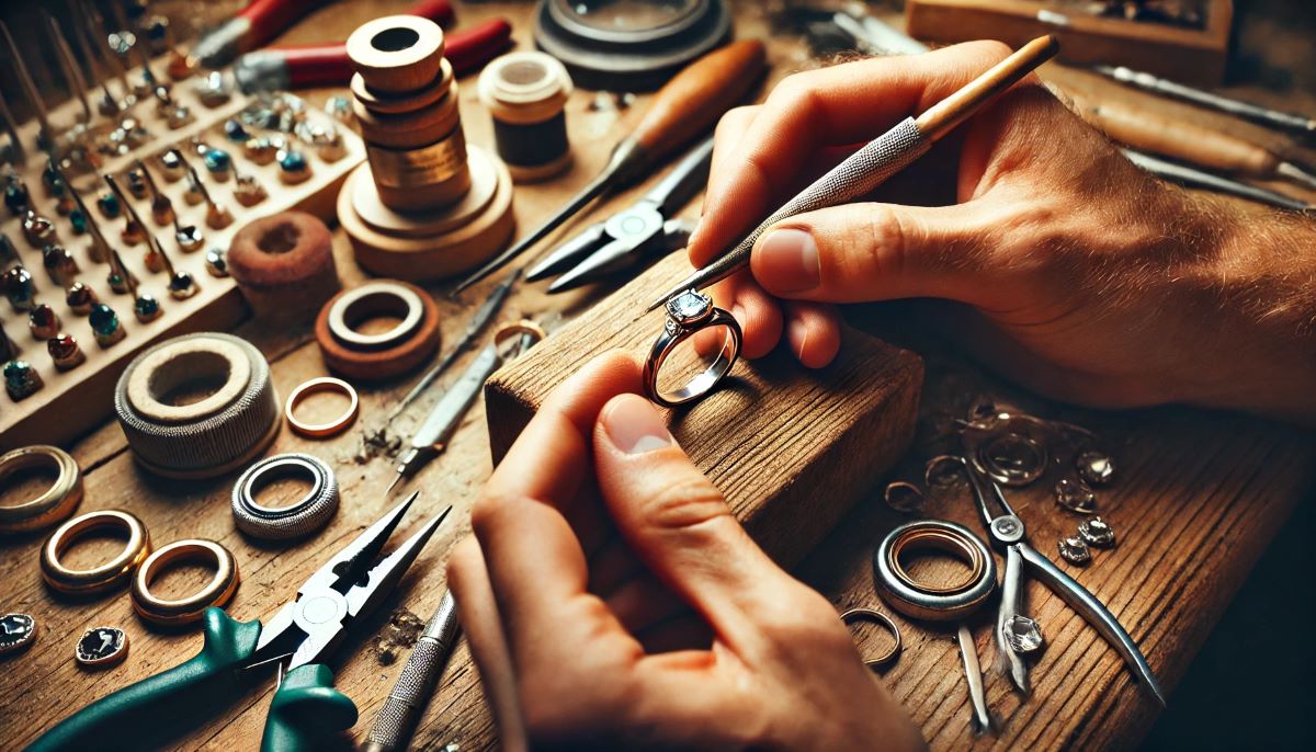 Une scène en gros plan d'un artisan bijoutier fabriquant méticuleusement une alliance faite à la main. Le décor est un atelier intime, avec des outils tels que des pinces