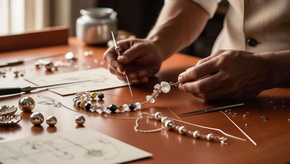 hotographie en gros plan montrant les mains d'un artisan en train de façonner un bijou de mariage. On y voit des outils spécialisés, des perles, des fils métalliques et des croquis de design sur un plan de travail en bois. Cette image illustre le processus minutieux de fabrication artisanale savoir faire