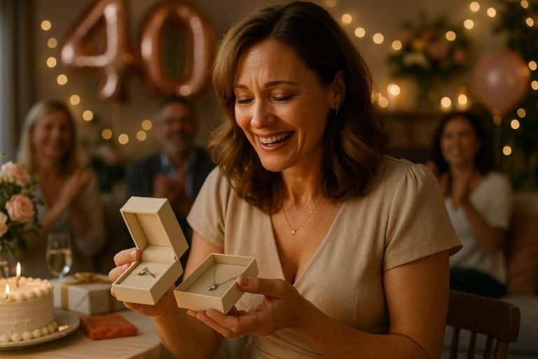 Femme de 40 ans souriante et émue ouvrant un bijou lors de son anniversaire entourée de proches, ambiance chaleureuse et festive