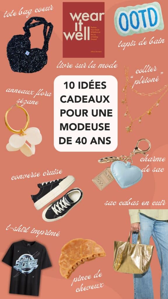 cadeau femme 40 ans selection converse cruise charme de sac pince cheveux croissant tshirt boucle d'oreille tote bag coeur livre tapis de bain collier bijou