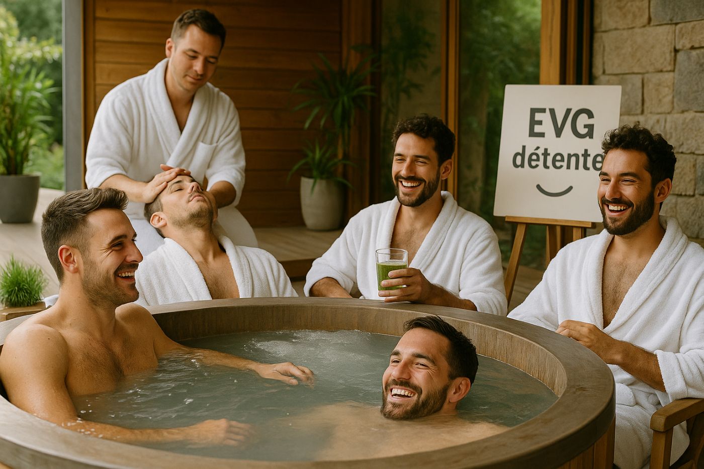 Groupe d’hommes de 30 ans profitant d’un EVG bien-être avec spa, massages et boissons détox dans un cadre apaisant, ambiance détente et complicité masculin
