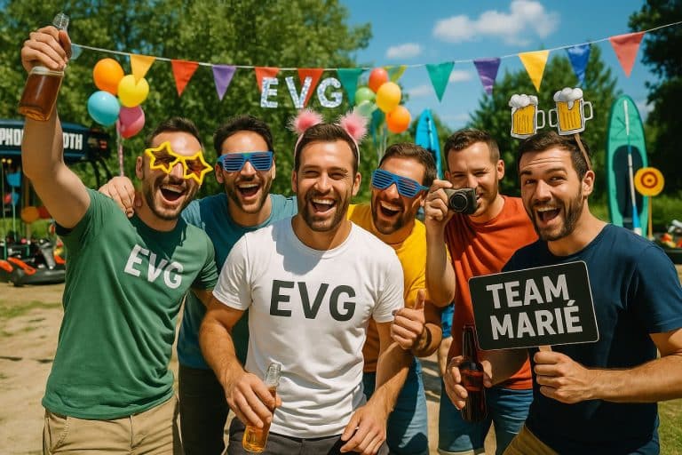 Groupe d’hommes trentenaires célébrant un enterrement de vie de garçon en extérieur avec accessoires fun, pancarte “Team Marié” et ambiance festive éclatante