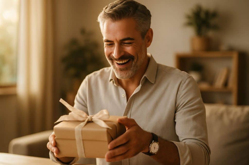 Homme de 50 ans élégant et souriant découvrant un cadeau avec émotion dans un intérieur chaleureux, baigné de lumière dorée