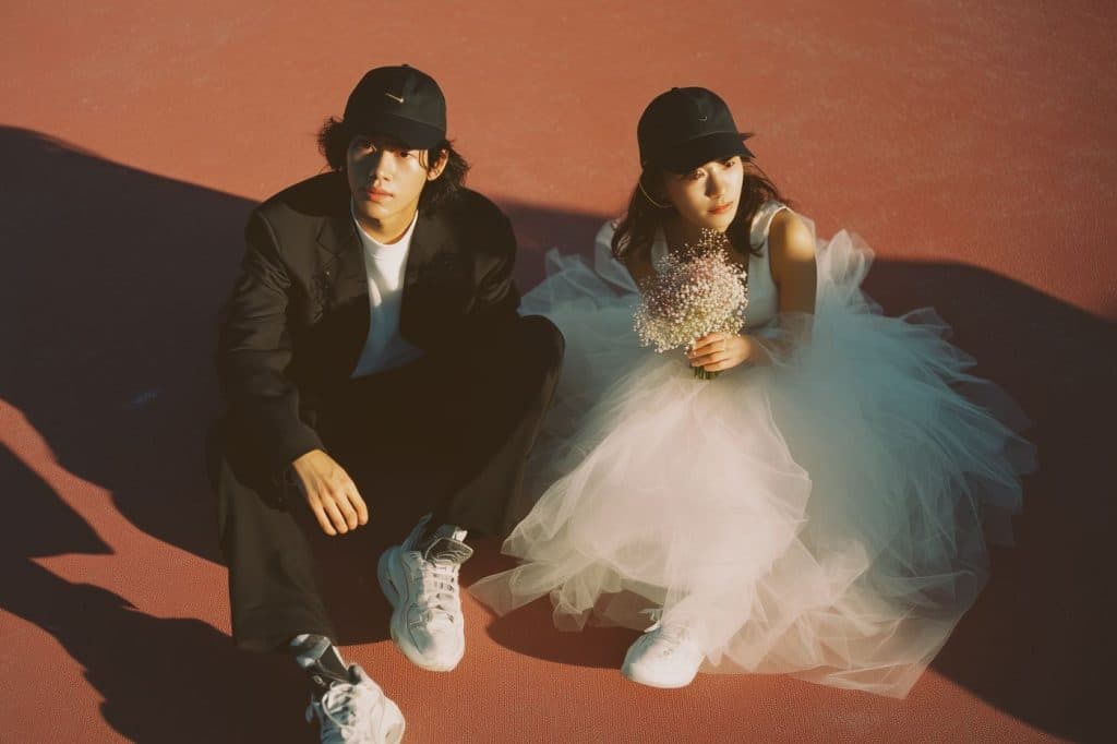 mariage coréen asiatique terrain basket tenue robe mariée blanche