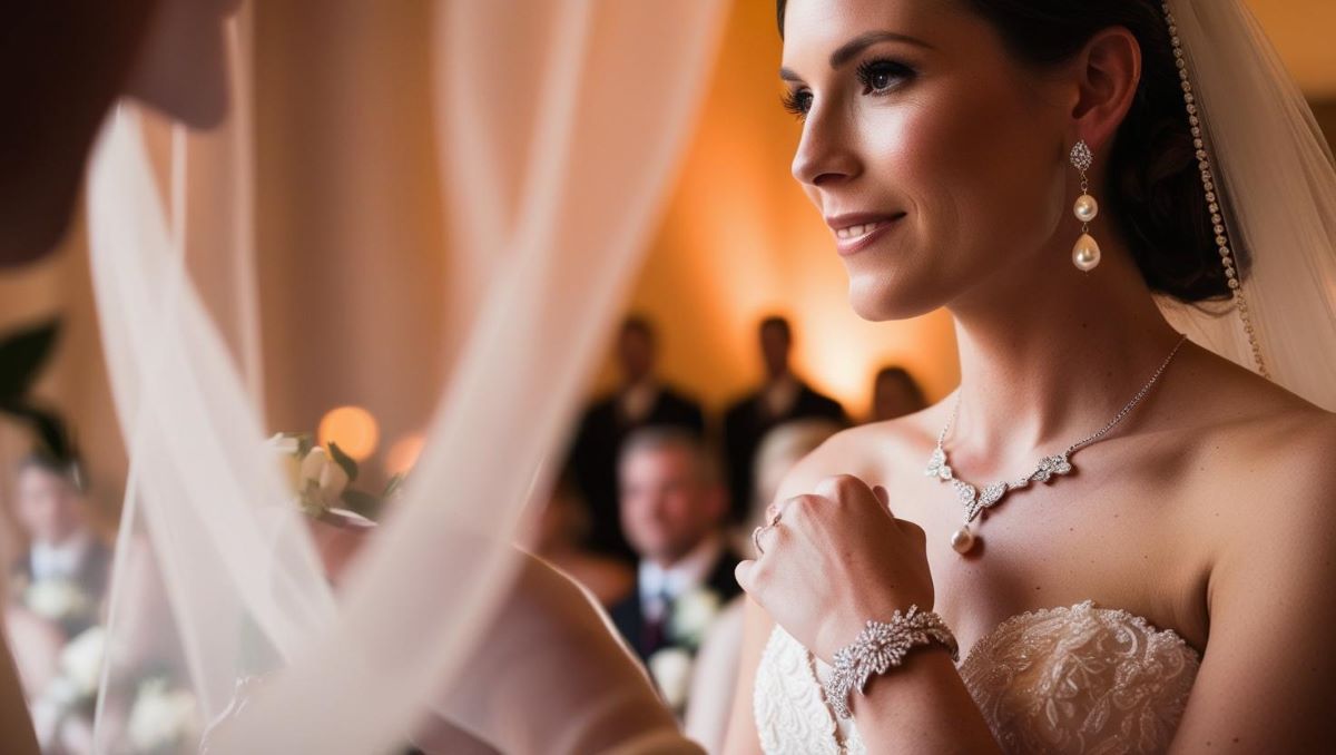 mariée lors de sa cérémonie, mettant en évidence ses bijoux faits main. Par exemple, des boucles d'oreilles pendantes en perles, un collier délicat assorti et un bracelet finement travaillé