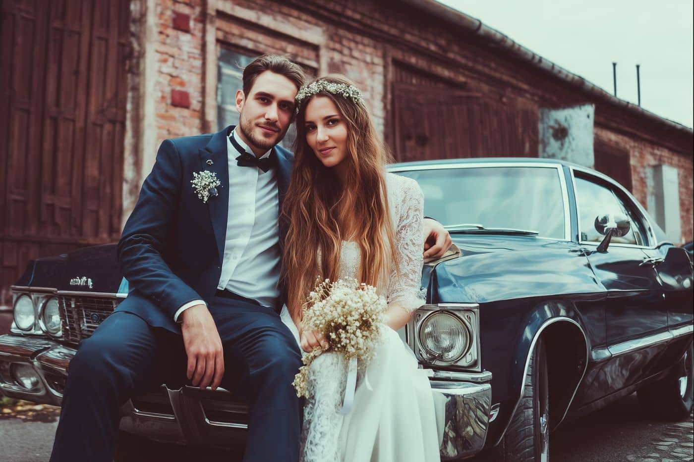 voiture de mariage ancienne vintage couple prise photo devant calandre cadillac