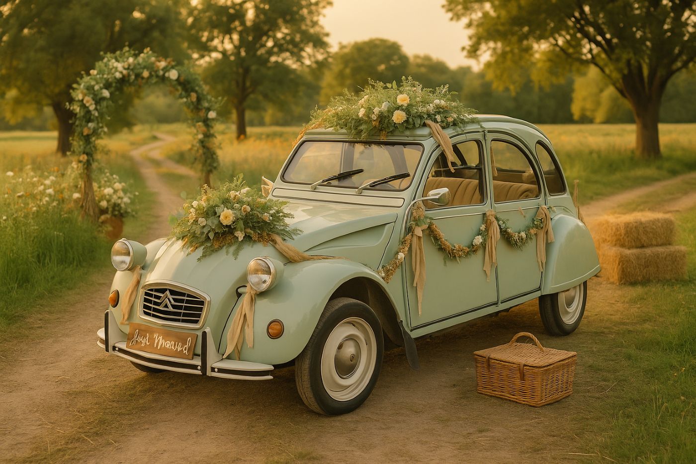 Voiture vintage Citroën 2CV décorée pour un mariage champêtre, avec fleurs séchées, rubans en lin et pancarte Just Married sur un chemin de campagne