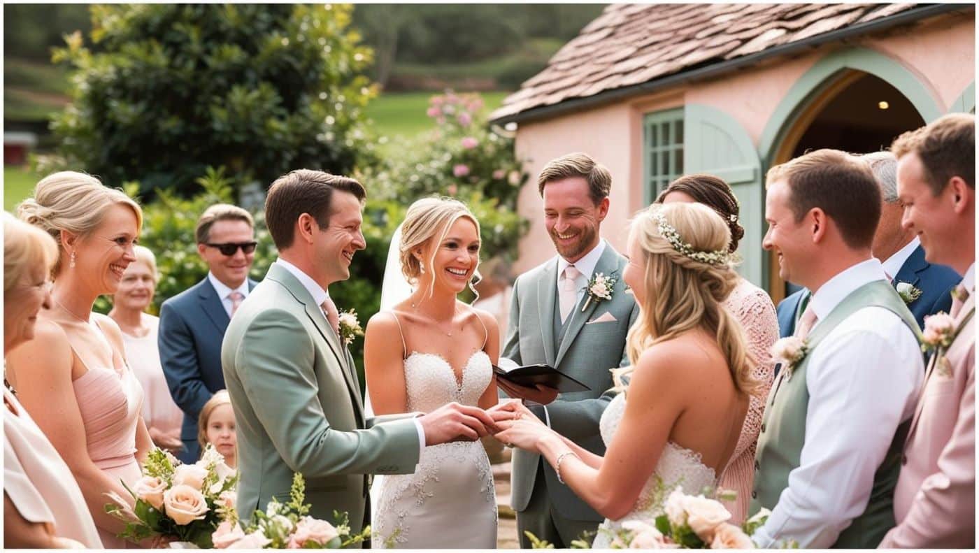 mariage à la campagne entourés des invités autour des mariés petit village