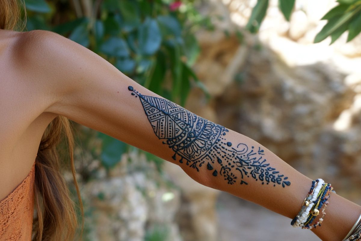 tatouage éphémère henné mariage thème bohème bras dessin