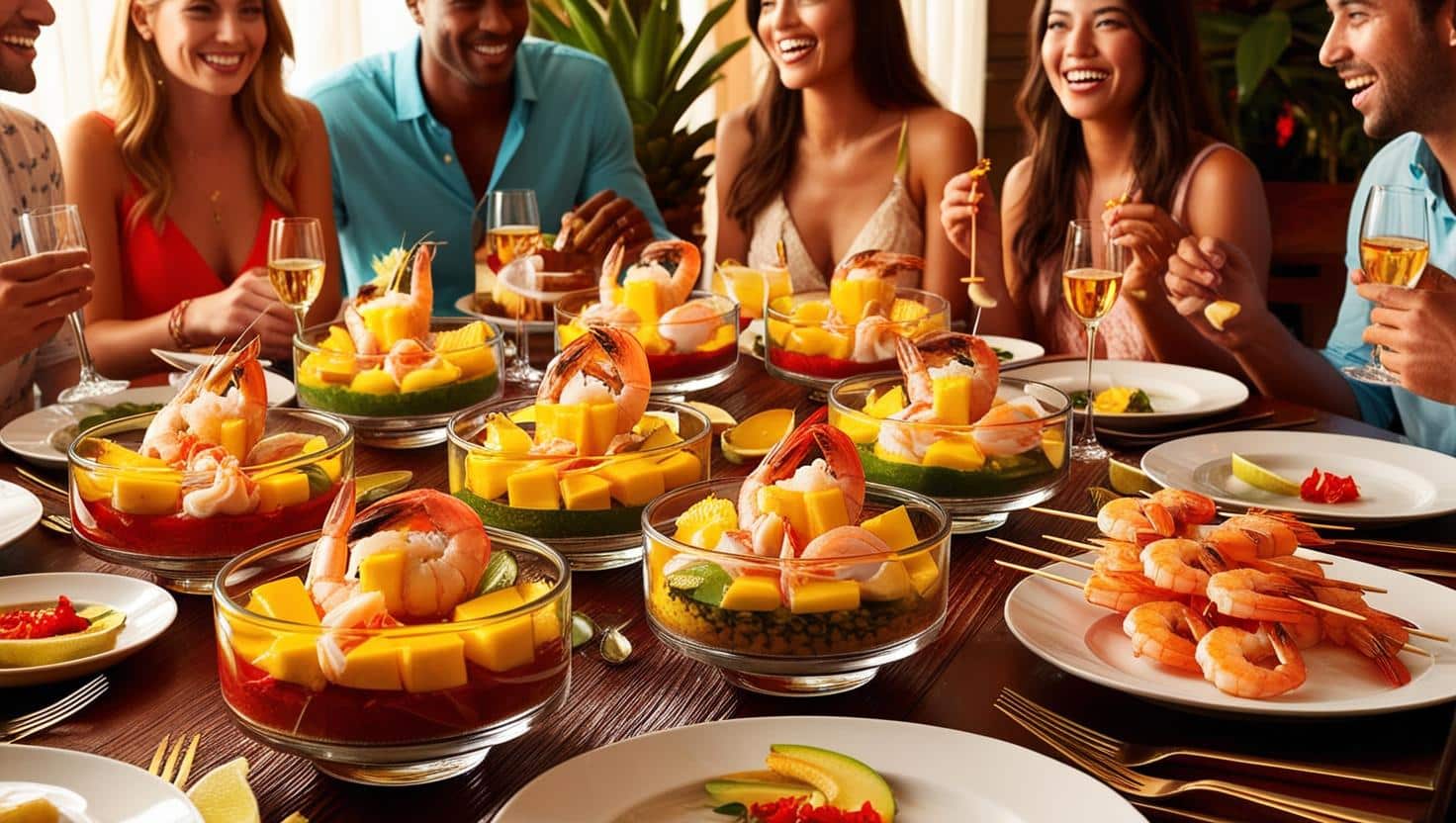 banquet brochette mangue crevettes ananas gout exotique amis autour d'une table remplie de nourriture plats