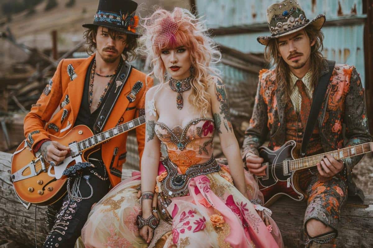 concert rock robe mariée sur scène tenue alternative guitariste