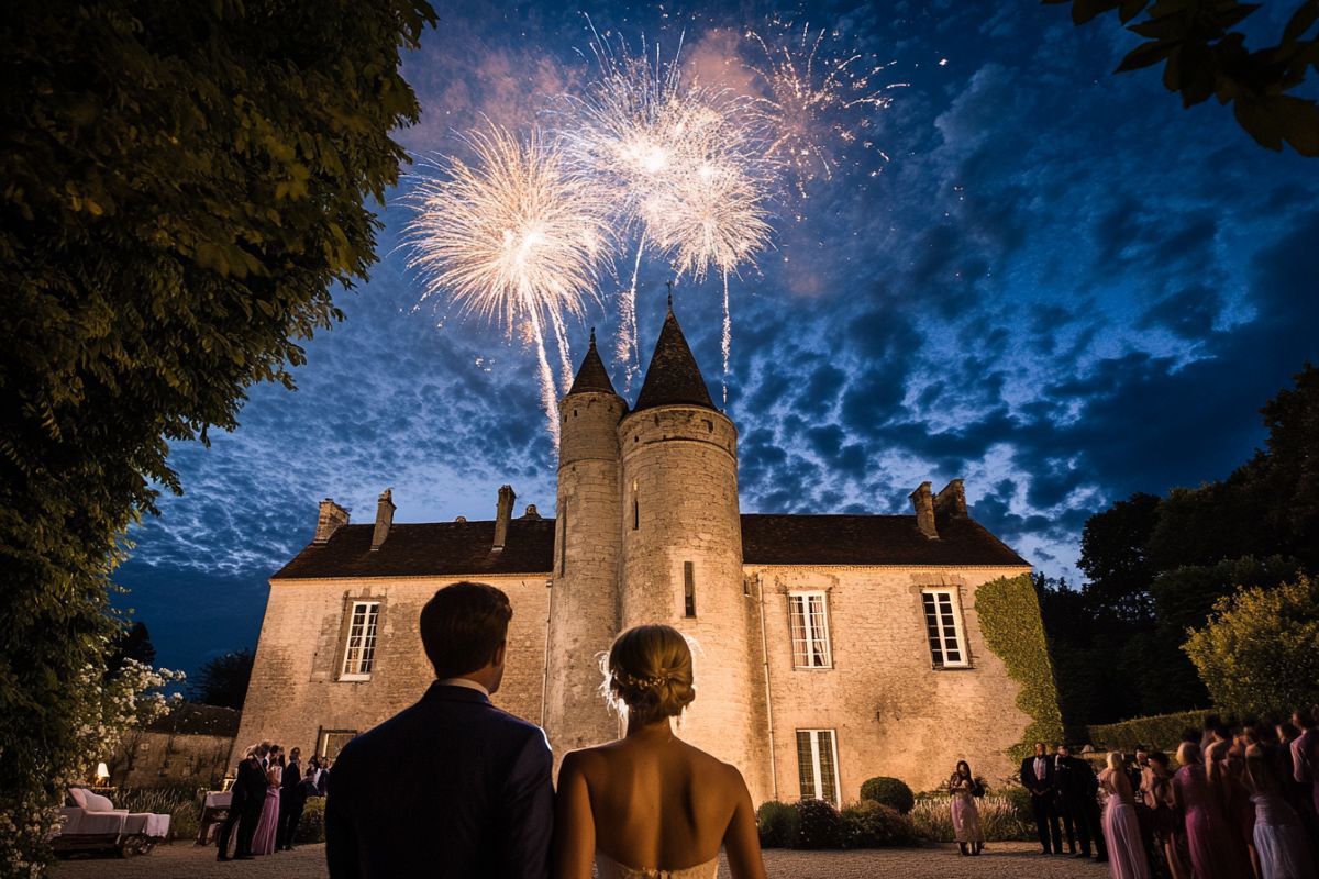 nuit étoilé domaine château en France couple mariés et invités regardent feu artifice ciel