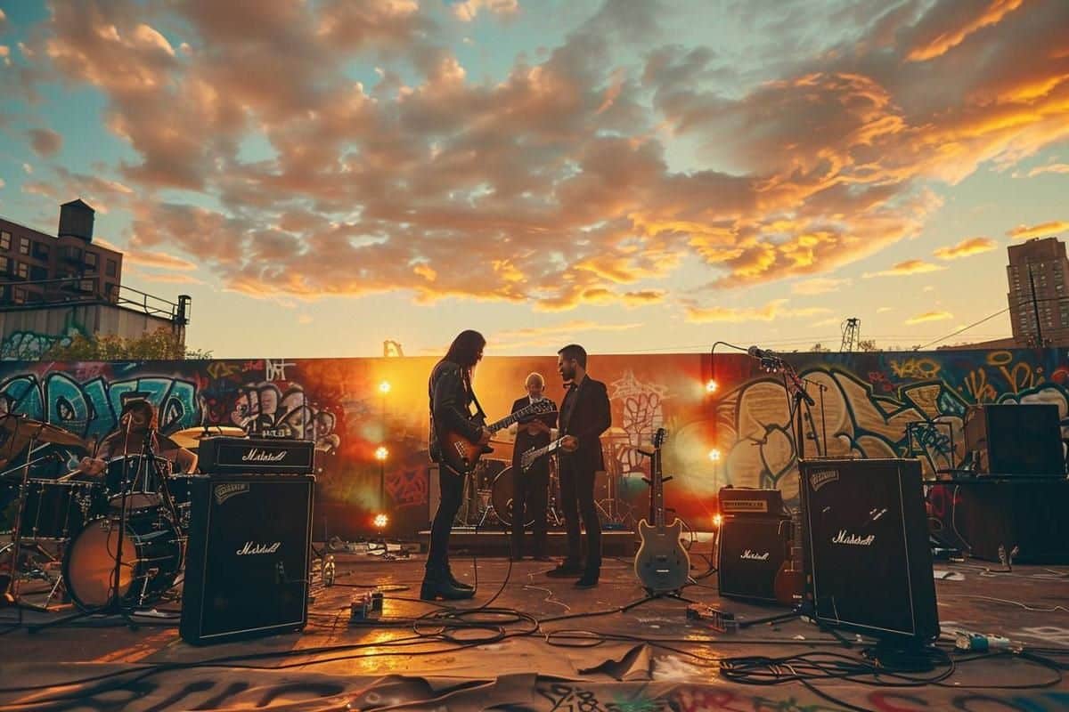 mariage rock sur scene groupe live scène plein air coucher de soleil guitare batterie