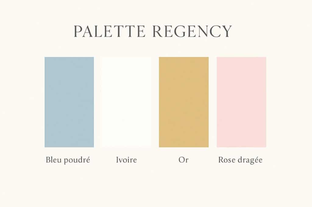 Palette de couleurs inspiration mariage Bridgerton Regency : bleu poudré, ivoire, or et rose dragée