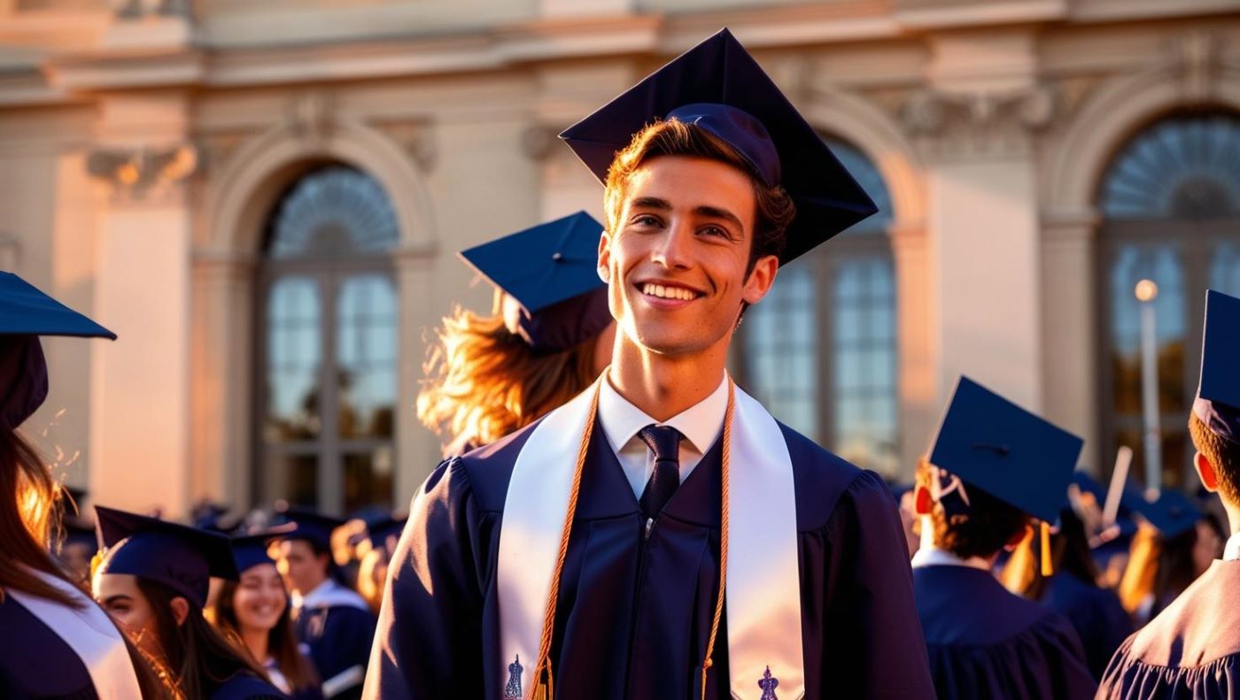remise diplome étudiant frace cérémonie fin de parcours scolaire chapeau tenue officielle