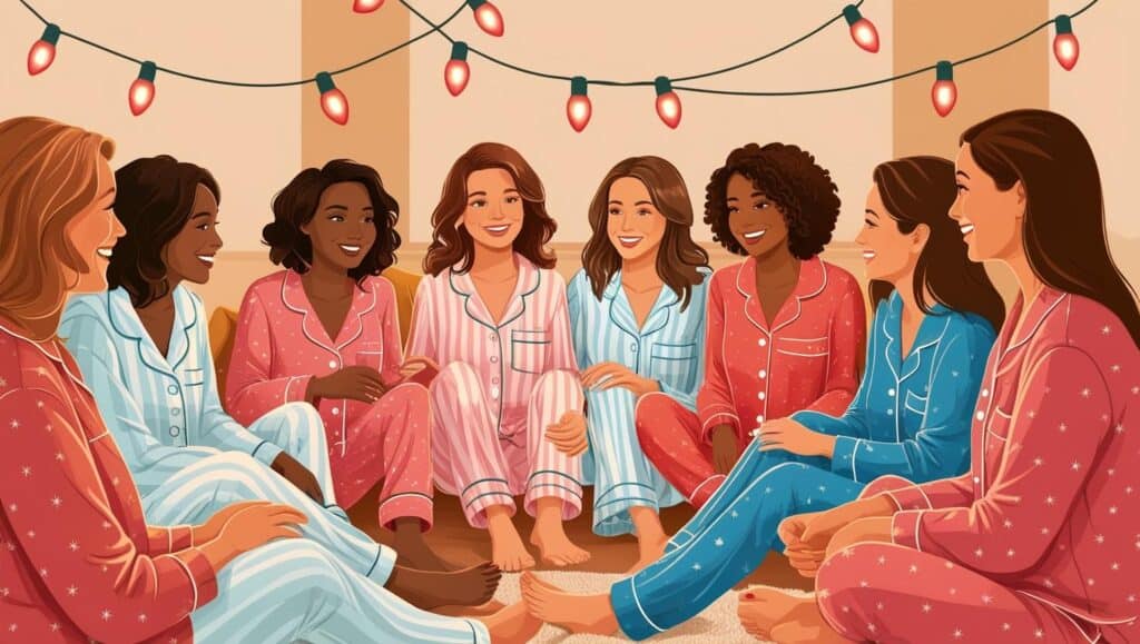 soirée pyjama entre femme adulte illustration mixte canapé guirlande soirée cosy ambiance entre copines filles