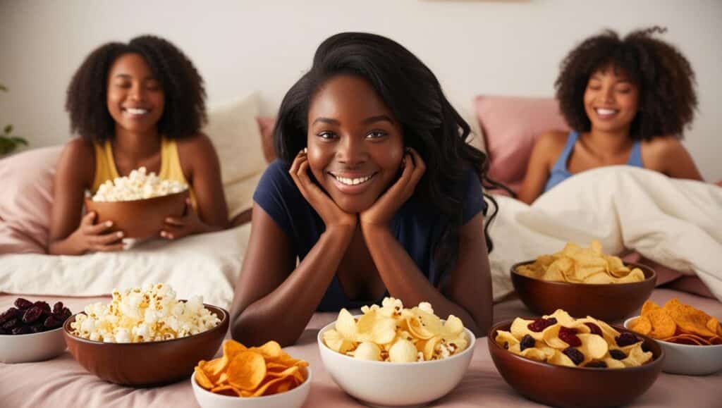 soirée pyajama entre copine afro couché canapé nourriture chips pop corn grignotage