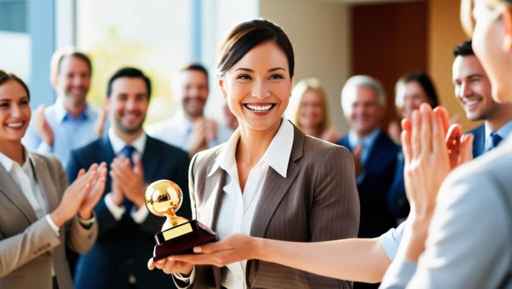 trophée employée du mois femme recevant décoration coupe devant es collègues