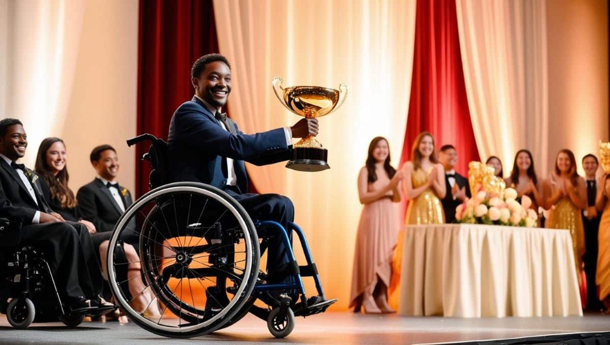 trophée remise de prix sur scene coupe homme noir fauteuil roulant