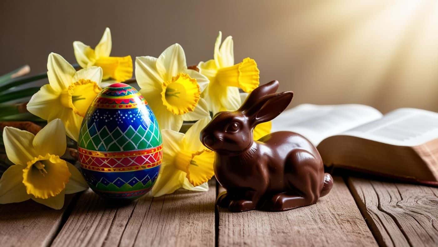 ymboles de Pâques : un œuf peint en gros plan, un lapin en chocolat, et un bouquet de jonquilles sur une table en bois. En arrière-plan, une bible ouverte