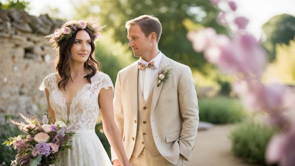 mariée portant une robe fluide en dentelle avec une couronne de fleurs fraîches. Elle est accompagnée d’un marié vêtu d’un costume beige en lin, avec une cravate ou un nœud papillon assorti au thème floral