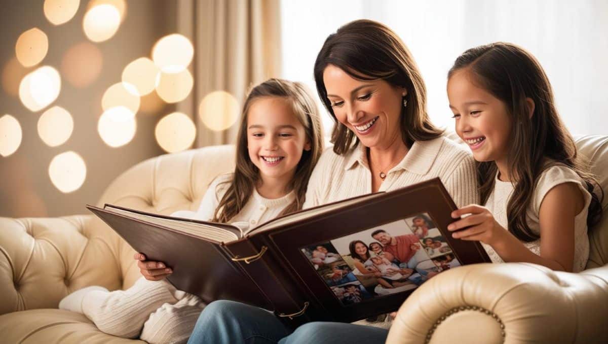 mère assise sur un canapé avec ses enfants, feuilletant un album photo rempli de souvenirs familiaux, avec des sourires et des éclats de rire