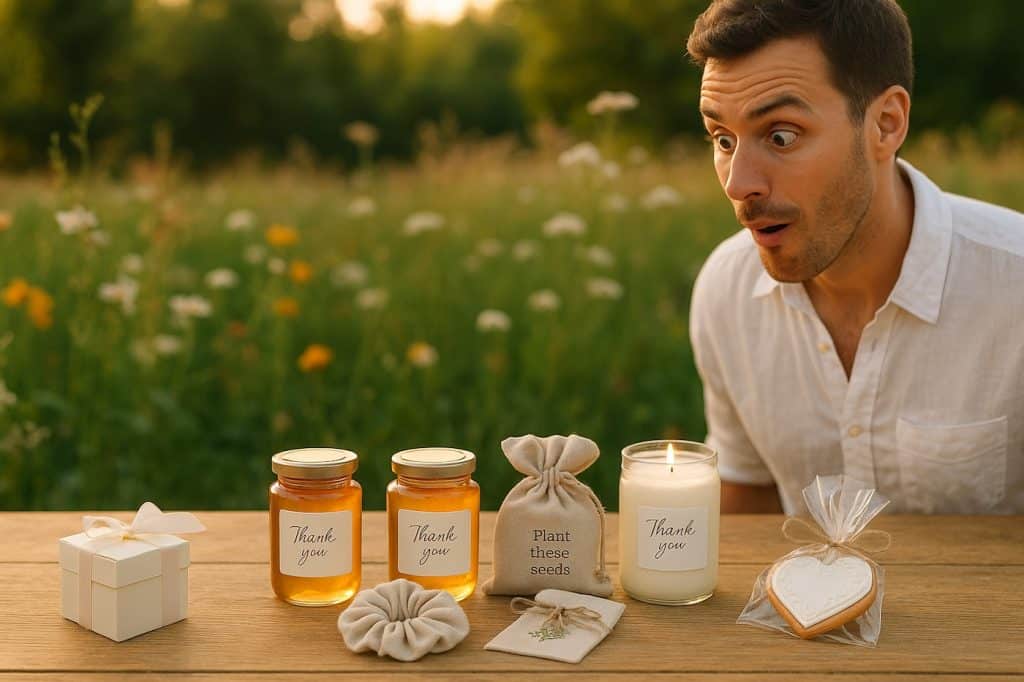 Invité surpris découvrant des cadeaux de mariage originaux en remplacement des dragées traditionnelles : pots de miel, bougie, biscuit cœur, sachet de graines et chouchou sur une table champêtre