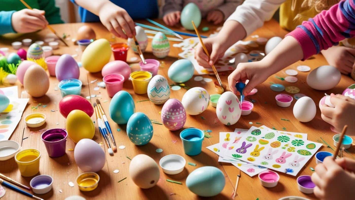 table pleine de fournitures pour décorer des œufs : des pots de peinture, des pinceaux, des œufs en plastique ou en bois, et des stickers en forme de lapin. Des mains d’enfants et d’adultes sont visibles en train de peindre et de coller des motifs sur les œufs