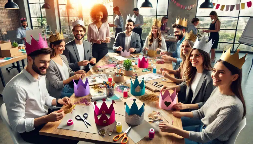  table avec des matériaux pour fabriquer des couronnes : papiers colorés, ciseaux, colle, paillettes. Des collègues rassemblés et concentrés sur leur création team building atelier