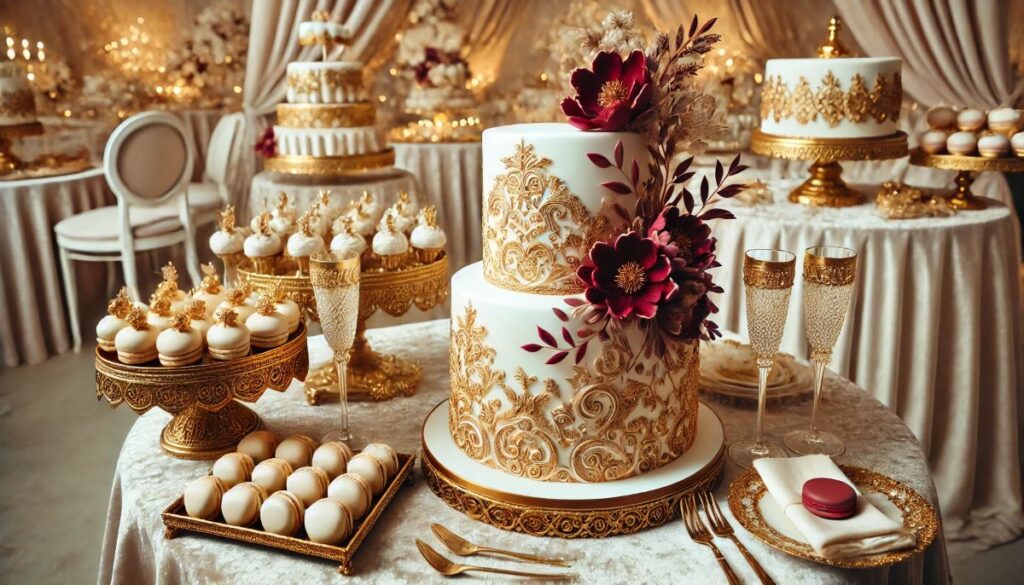 gâteau de mariage à plusieurs étages, recouvert de fondant blanc avec des motifs dorés et des fleurs en sucre bordeaux. À côté, une table de desserts décorée avec des macarons dorés, des coupes de champagne et des assiettes en porcelaine avec des motifs délicats