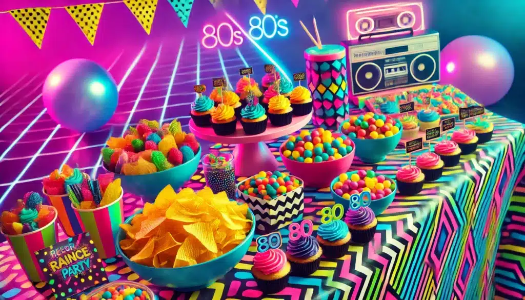 buffet festif inspiré des années 80, avec des snacks rétro et une décoration colorée qui apporte une touche nostalgique