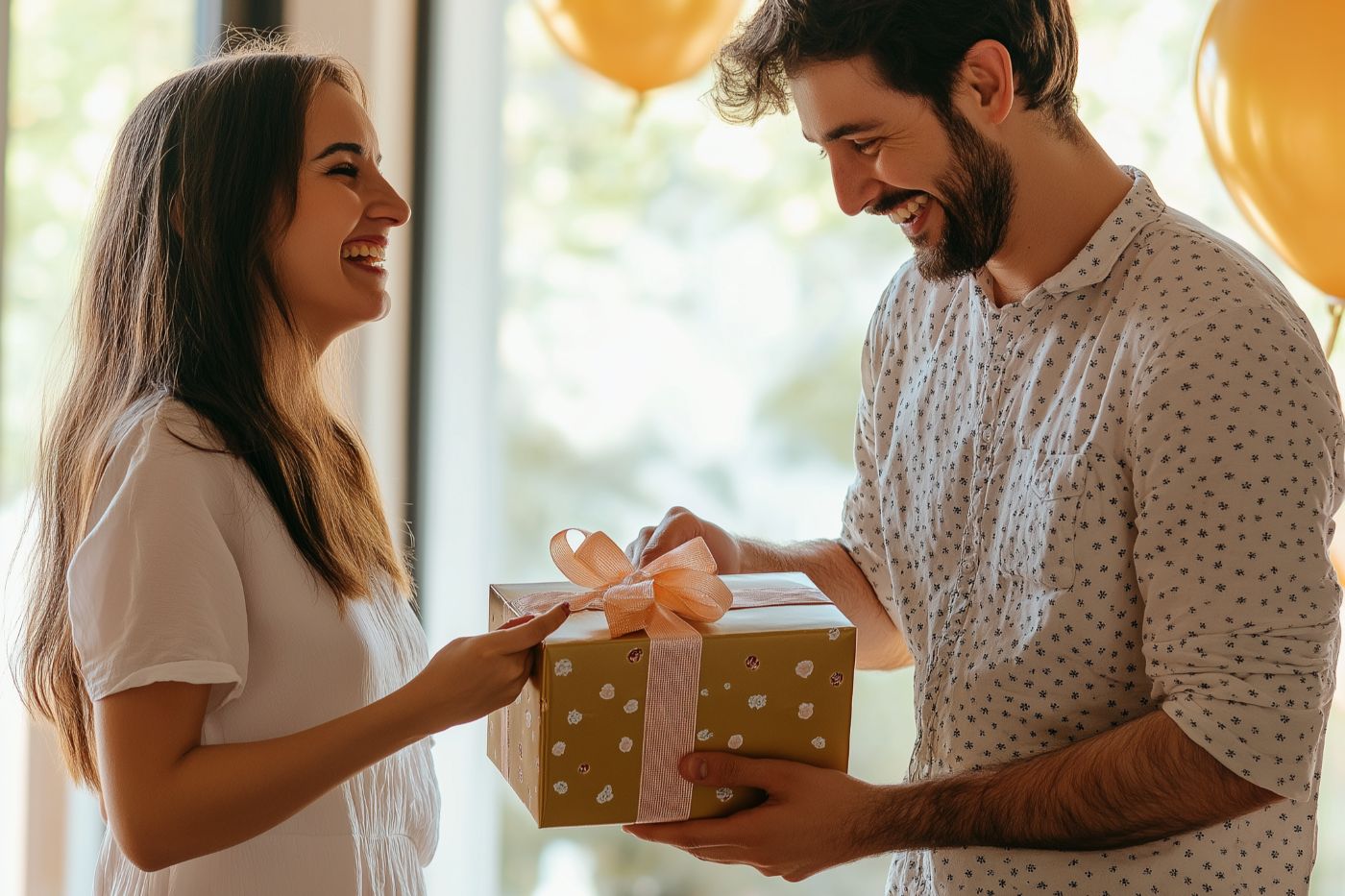 femme offre un cadeau à son mari pour son anniversaire paquet ruban