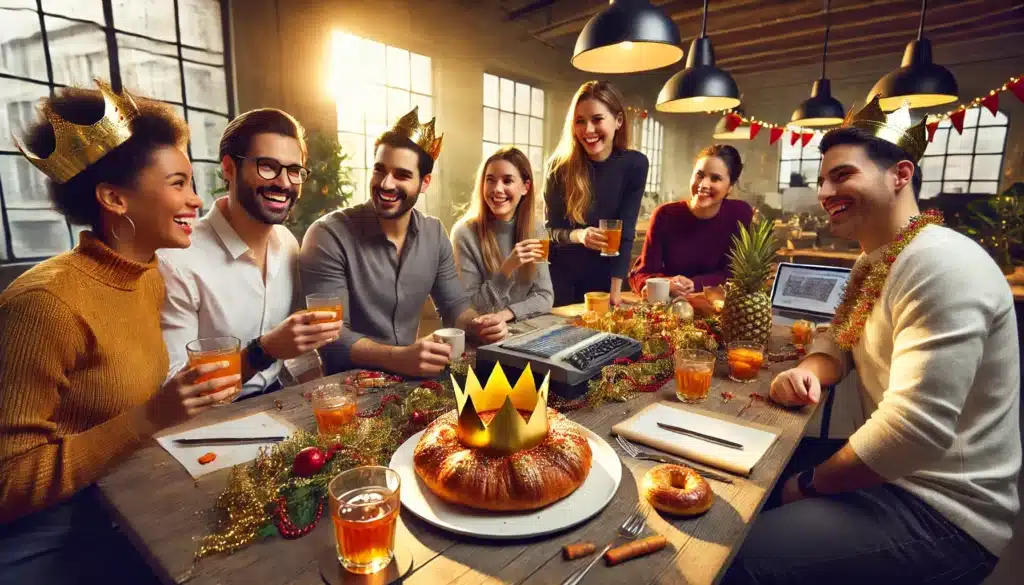 table joliment dressée dans un bureau, avec des collègues souriants partageant une galette des rois. On voit une couronne en papier dorée sur la table, des boissons (thé, café), et quelques décorations festives galette des rois au travail bureau collègues