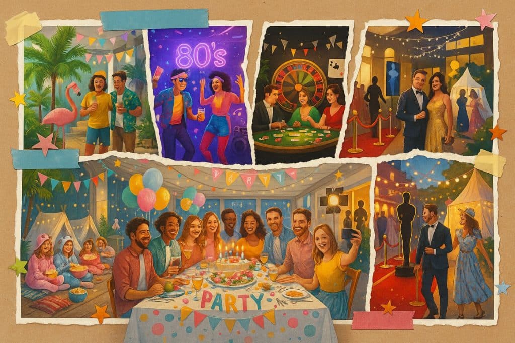 Illustration style scrapbooking d’une fête d’anniversaire avec six thèmes : tropical, années 80, casino, pyjama party, Hollywood et festival, en collage visuel festif et inspirant.