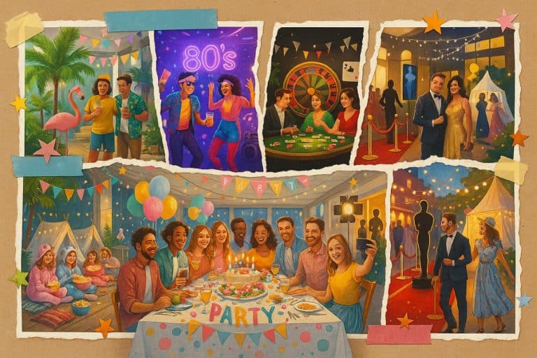 Illustration style scrapbooking d’une fête d’anniversaire avec six thèmes : tropical, années 80, casino, pyjama party, Hollywood et festival, en collage visuel festif et inspirant.