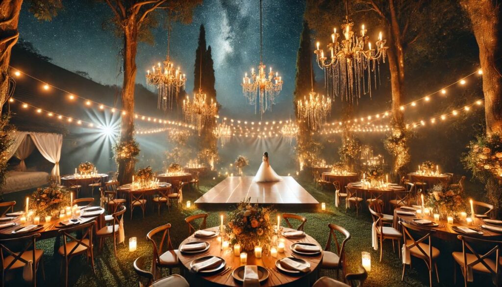 espace extérieur décoré pour un mariage, éclairé par des guirlandes lumineuses suspendues dans les arbres et des chandeliers dorés posés sur des tables en bois. Une piste de danse est mise en valeur par des spots lumineux doux, créant une ambiance magique sous un ciel étoilé