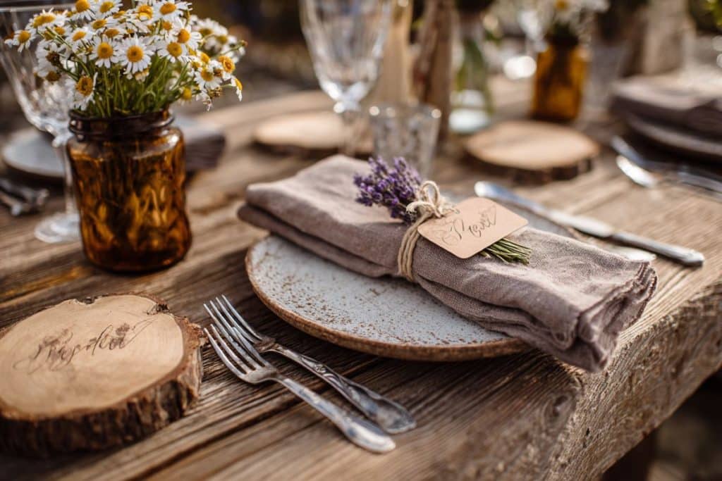 Gros plan sur une décoration de table style champêtre chic : vaisselle vintage, serviette en lin avec lavande et petit vase de fleurs des champs sur une table en bois brut