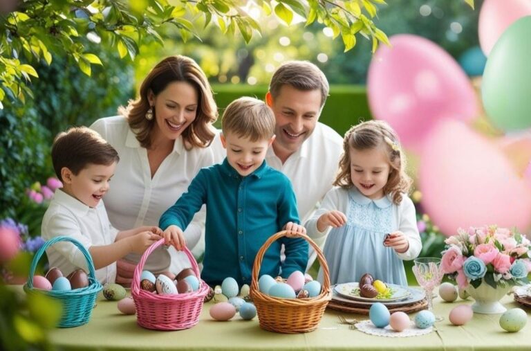 amille joyeuse réunie dans un jardin verdoyant, avec des enfants cherchant des œufs en chocolat dans des paniers colorés. À l’arrière-plan, une table joliment décorée avec des fleurs printanières, des œufs peints, et des plats traditionnels de Pâques