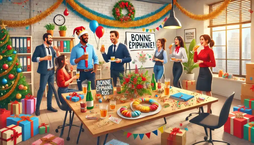 scène de bureau décorée avec des guirlandes festives, une table avec des boissons et des galettes, et des collègues discutant ou riant ensemble. tableau blanc avec "Bonne Épiphanie