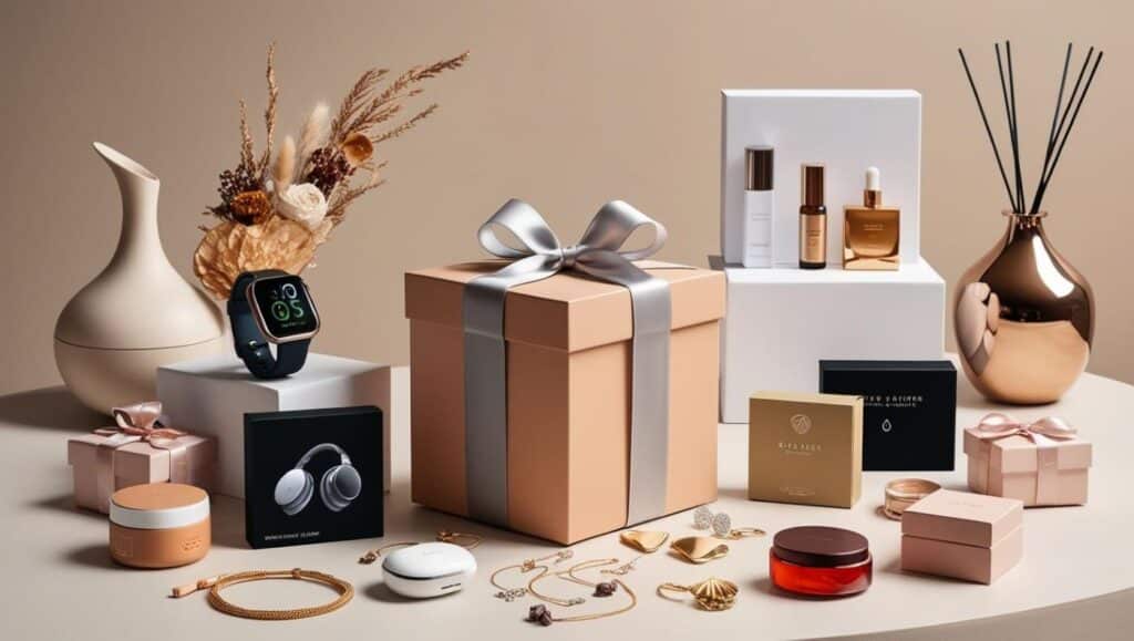 composition visuelle mettant en scène plusieurs types de cadeaux tendance pour 2025. Détails : Au centre, un coffret cadeau avec un ruban élégant, entouré de gadgets technologiques (montre connectée, écouteurs sans fil), de bijoux minimalistes, et de coffrets beauté. En arrière-plan, des accessoires pour la maison, comme un diffuseur d’huiles essentielles et un vase design.