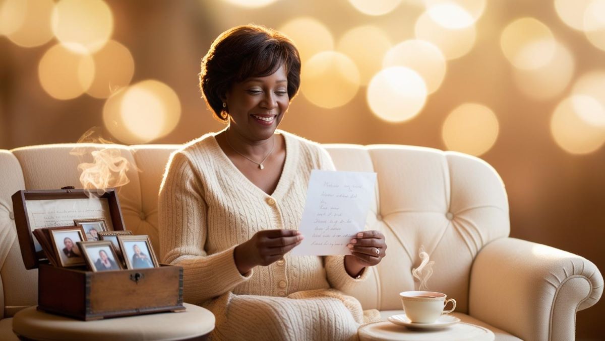 maman assise dans un canapé cosy, avec une lumière naturelle douce, lisant une lettre manuscrite avec un sourire ému. À côté d’elle, une tasse de thé et une boîte de souvenirs familiaux