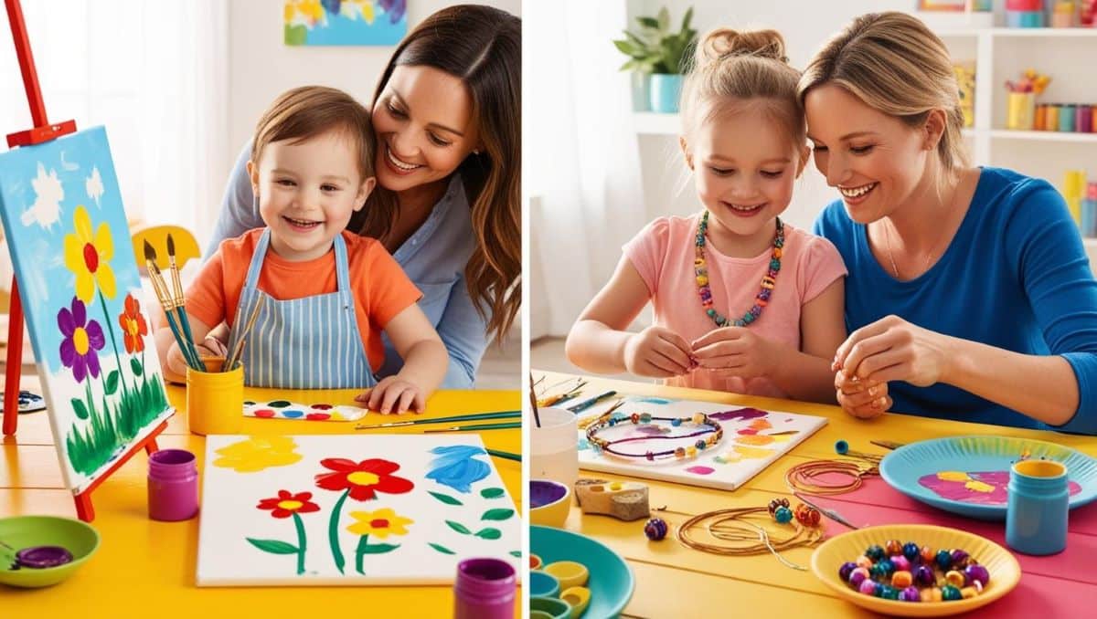 scène où une mère et son enfant peignent ensemble un tableau ou créent des bijoux faits main, dans une ambiance lumineuse et joyeuse petite fille maman